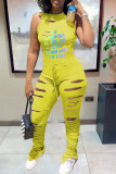 Blue Street Print Hollowed Out Patchwork O Neck Regular Jumpsuits