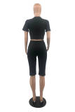 Black Fashion Casual Letter Print Ripped V Neck Short Sleeve Two Pieces