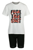 White Casual Street Print Patchwork O Neck Short Sleeve Two Pieces