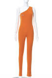 Orange Fashion Casual Print Backless One Shoulder Skinny Jumpsuits
