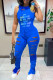 Blue Street Print Hollowed Out Patchwork O Neck Regular Jumpsuits