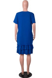 Blue Fashion Casual Solid Flounce O Neck Short Sleeve Dress