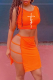 Tangerine Red Sexy Print Hollowed Out O Neck Sleeveless Two Pieces