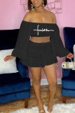 Purple Fashion Print Flounce Off the Shoulder Long Sleeve Two Pieces