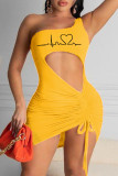 Blue Fashion Sexy Print Hollowed Out Backless One Shoulder Sleeveless Dress