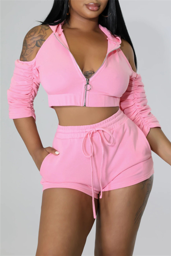 Pink Fashion Casual Solid Hollowed Out Hooded Collar Long Sleeve Two Pieces