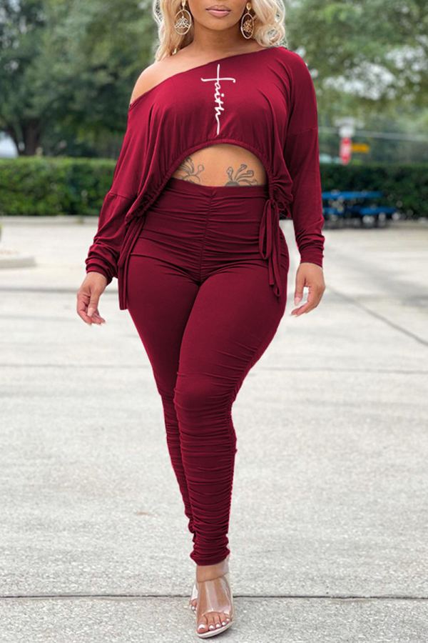 Burgundy Casual Print Fold One Shoulder Long Sleeve Two Pieces