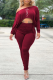 Burgundy Casual Print Fold One Shoulder Long Sleeve Two Pieces