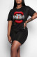 Black Casual Print Patchwork O Neck Short Sleeve Two Pieces