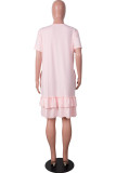 Pink Fashion Casual Solid Flounce O Neck Short Sleeve Dress