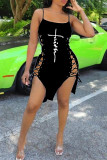 Black Fashion Sexy Print Bandage Slit Spaghetti Strap Sleeveless Dress