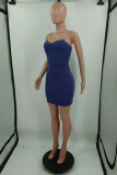 Blue Fashion Sexy Solid Chains Backless Spaghetti Strap Sleeveless Dress