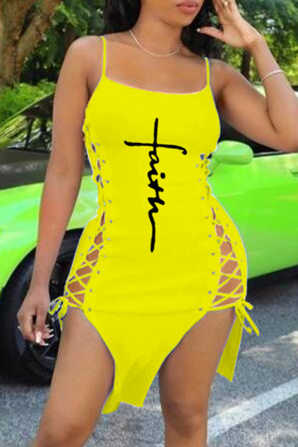 Yellow Fashion Sexy Print Bandage Slit Spaghetti Strap Sleeveless Dress