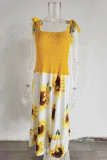 Yellow Sexy Casual Patchwork Print Bandage Spaghetti Strap Long Dress