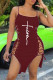 Burgundy Fashion Sexy Print Bandage Slit Spaghetti Strap Sleeveless Dress