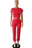 Rose Red Casual Print Tie Dye Patchwork O Neck Short Sleeve Two Pieces