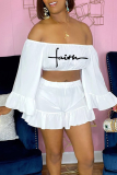 Purple Fashion Print Flounce Off the Shoulder Long Sleeve Two Pieces