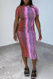 Purple Fashion Casual Print Basic O Neck Short Sleeve Dress