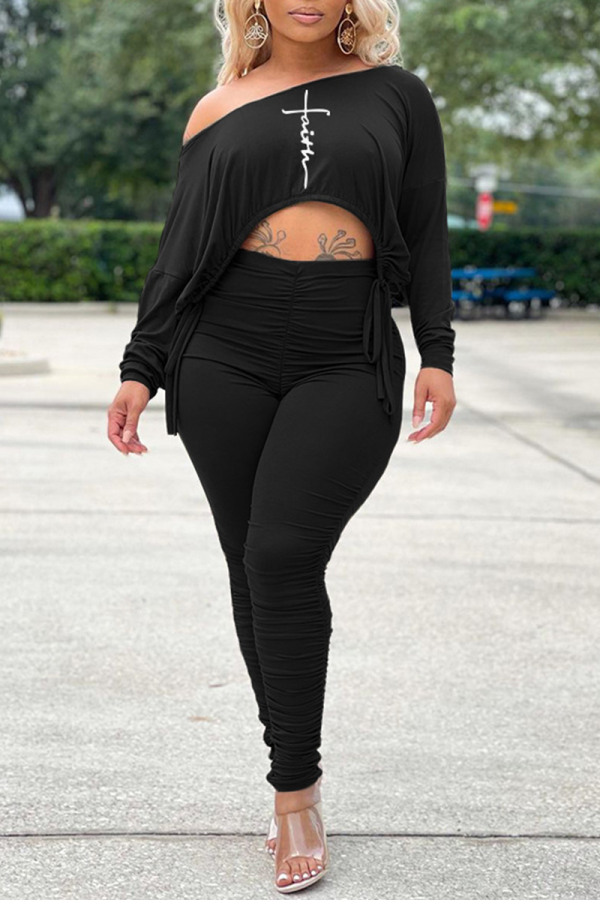 Black Casual Print Fold One Shoulder Long Sleeve Two Pieces