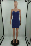 Blue Fashion Sexy Solid Chains Backless Spaghetti Strap Sleeveless Dress