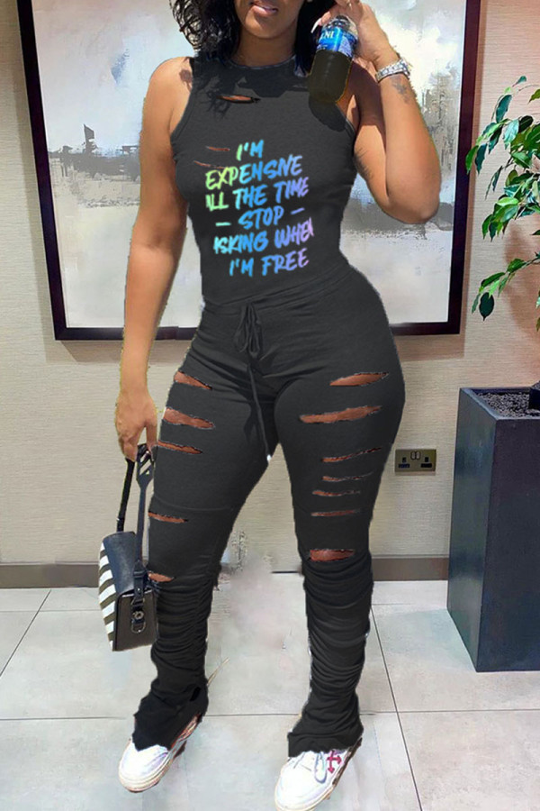 Black Street Print Hollowed Out Patchwork O Neck Regular Jumpsuits