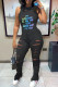 Black Street Print Hollowed Out Patchwork O Neck Regular Jumpsuits
