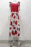 Red Sexy Casual Patchwork Print Bandage Spaghetti Strap Long Dress