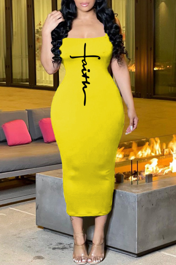 Yellow Fashion Print Patchwork Spaghetti Strap Pencil Skirt Dresses