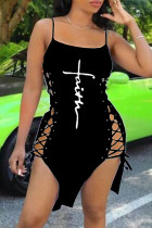 Black Fashion Sexy Print Bandage Slit Spaghetti Strap Sleeveless Dress