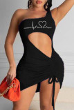 Blue Fashion Sexy Print Hollowed Out Backless One Shoulder Sleeveless Dress