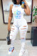 White Street Print Hollowed Out Patchwork O Neck Regular Jumpsuits