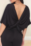 Black Casual Solid Split Joint O Neck Half Sleeve Two Pieces