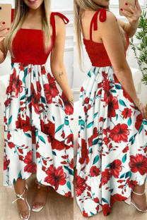 Red Sexy Casual Patchwork Print Bandage Spaghetti Strap Long Dress