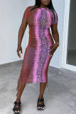 Purple Fashion Casual Print Basic O Neck Short Sleeve Dress