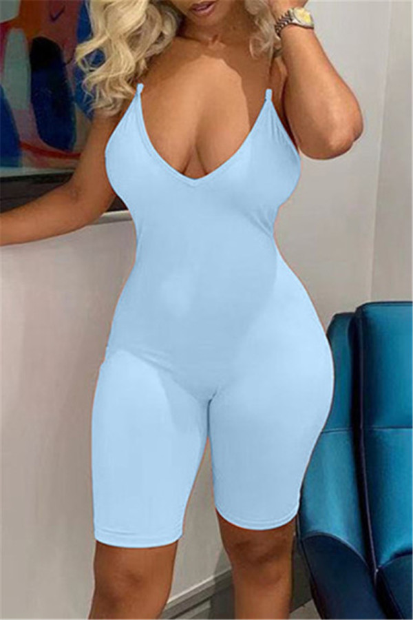 Blue Fashion Sexy Solid Backless Spaghetti Strap Skinny Romper