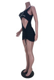 Blue Fashion Sexy Print Hollowed Out Backless One Shoulder Sleeveless Dress