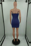 Blue Fashion Sexy Solid Chains Backless Spaghetti Strap Sleeveless Dress