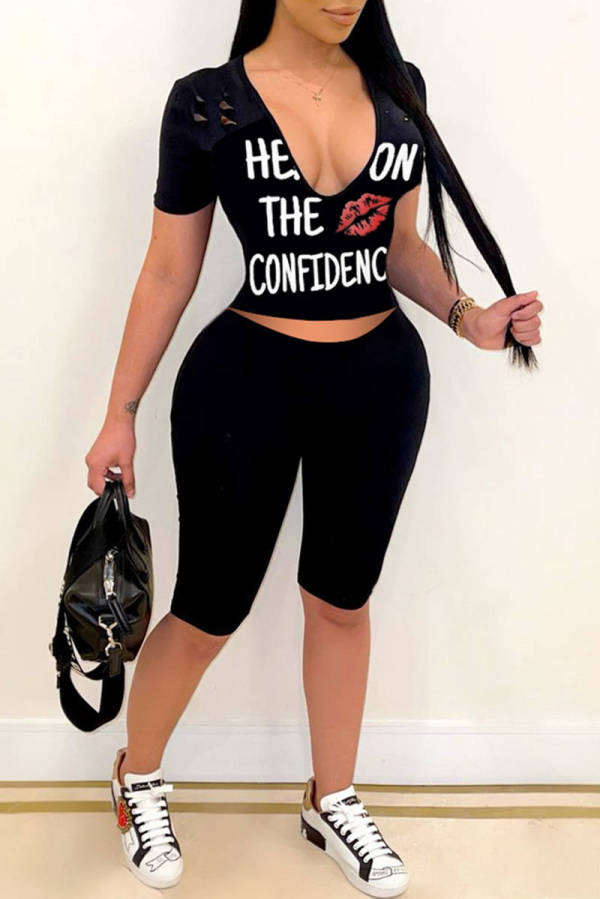 Black Fashion Casual Letter Print Ripped V Neck Short Sleeve Two Pieces