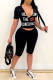 Black Fashion Casual Letter Print Ripped V Neck Short Sleeve Two Pieces