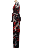 Multicolor Fashion Print Patchwork V Neck Straight Jumpsuits