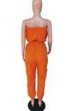 Orange Casual Solid Split Joint Strapless Regular Jumpsuits