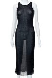 Black Sexy Solid Mesh O Neck Pencil Skirt Dresses