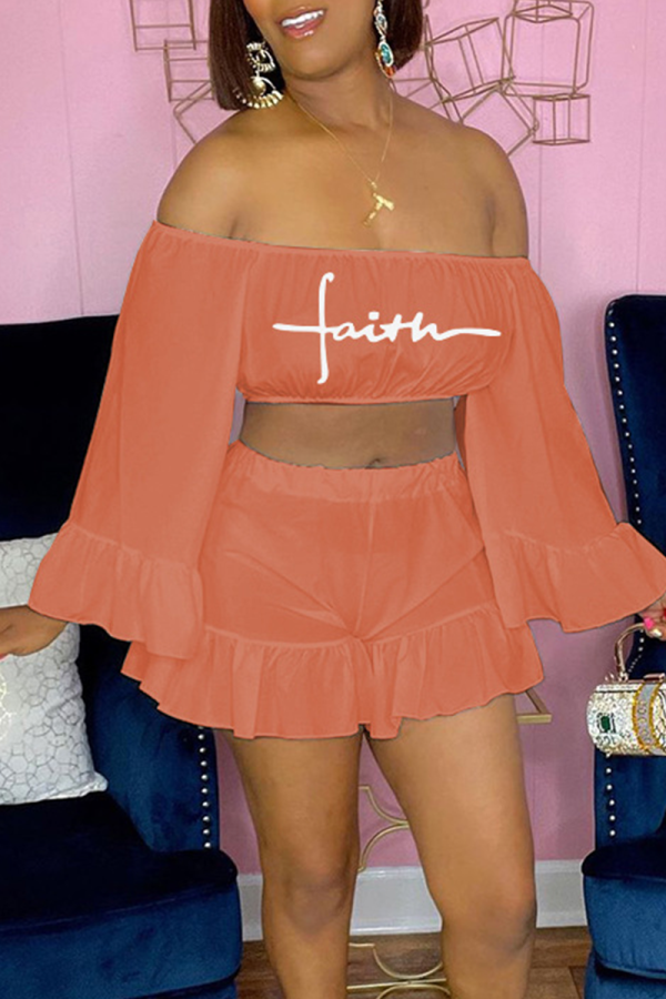 Tangerine Red Fashion Print Flounce Off the Shoulder Long Sleeve Two Pieces