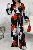 Multicolor Fashion Print Patchwork V Neck Straight Jumpsuits