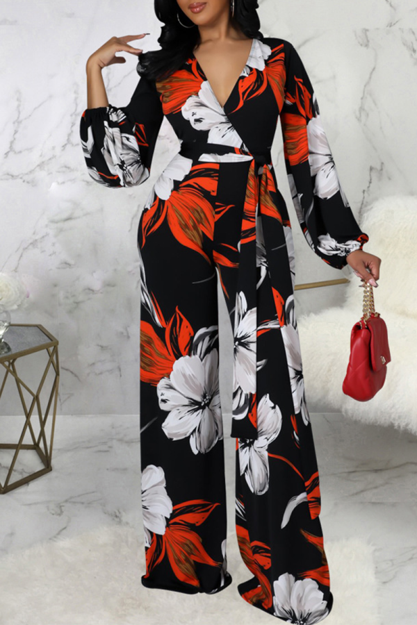 Multicolor Fashion Print Patchwork V Neck Straight Jumpsuits