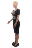 Black Fashion Casual Letter Print Ripped V Neck Short Sleeve Two Pieces
