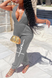 Grey Sexy Print Patchwork Halter Harlan Jumpsuits