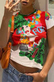 Red Fashion Casual Print Basic O Neck T-Shirts