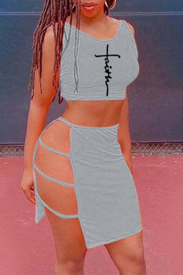 Grey Sexy Print Hollowed Out O Neck Sleeveless Two Pieces