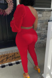 Red Celebrities Solid Patchwork Asymmetrical Asymmetrical Collar Long Sleeve Two Pieces